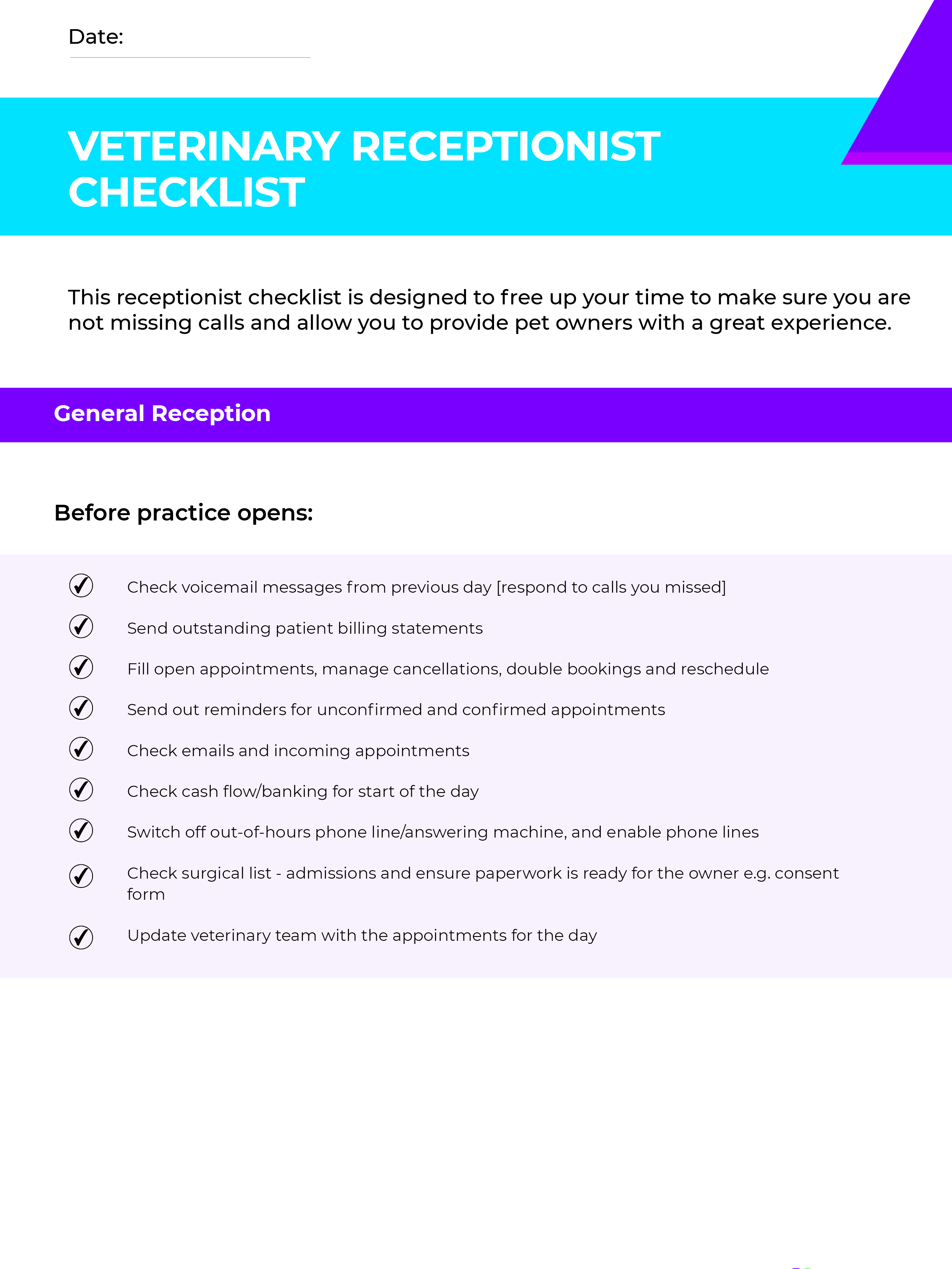 Veterinary Receptionist Checklist - Vetstoria