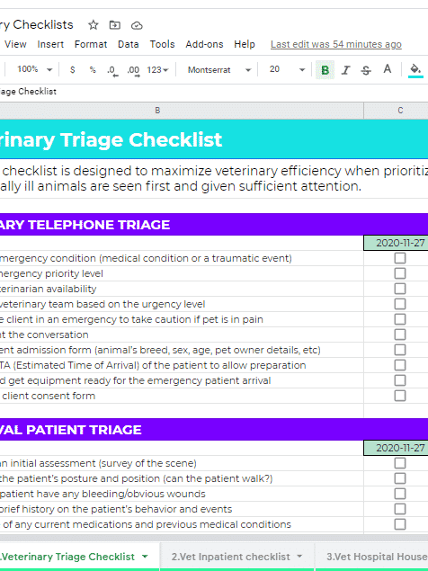 Veterinary Checklists Spreadsheet