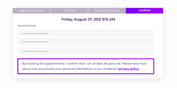 Booking confirmation clause at the new Vetstoria's appointment scheduling platform