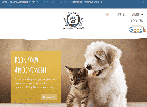 All Paws Veterinary Clinic website home page
