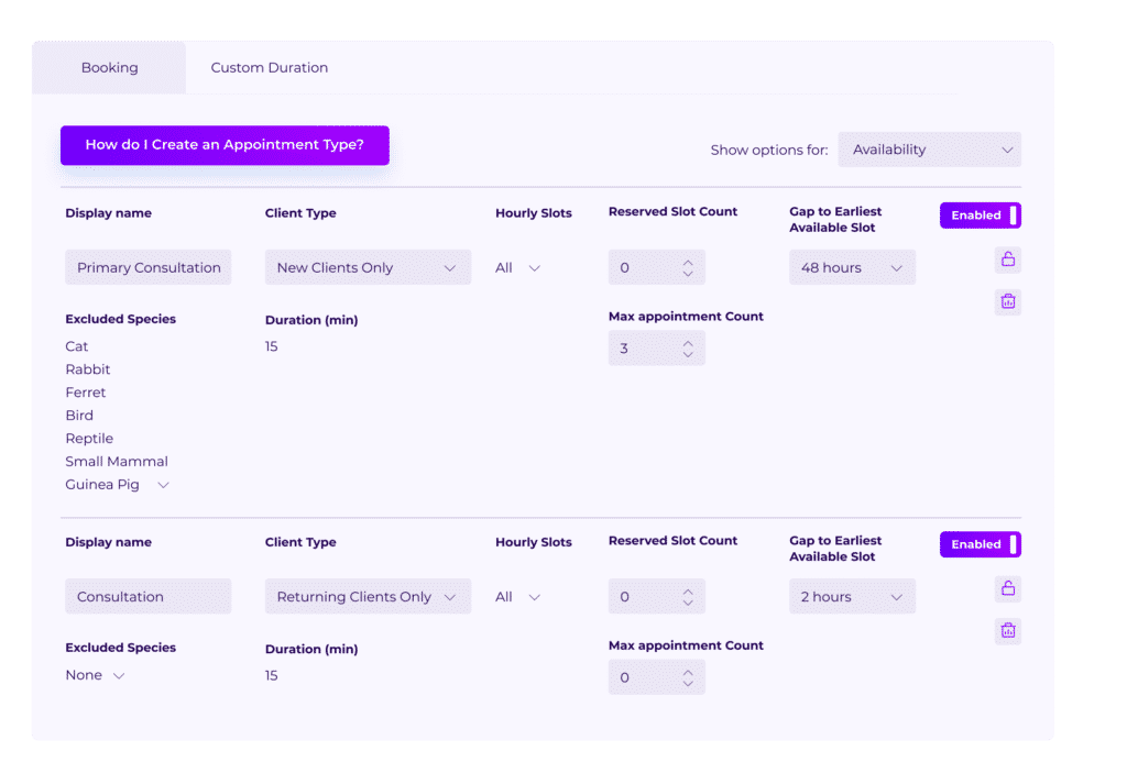 Vetstoria's different appointment settings help clinics maintain control of their schedule