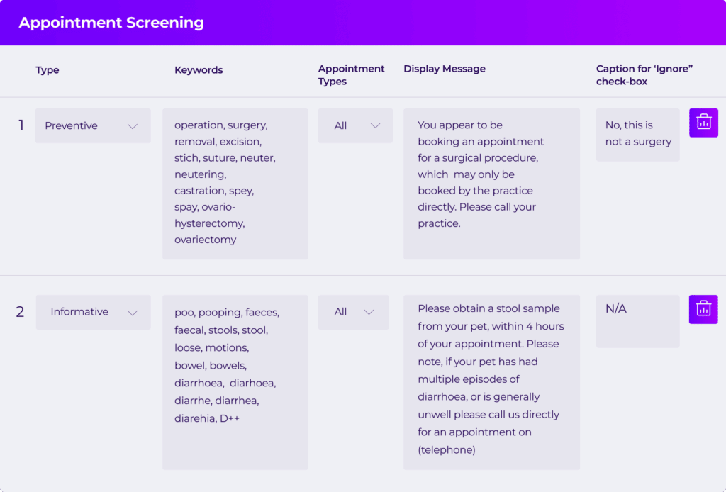 A snapshot of Vetstoria’s Appointment Screening page