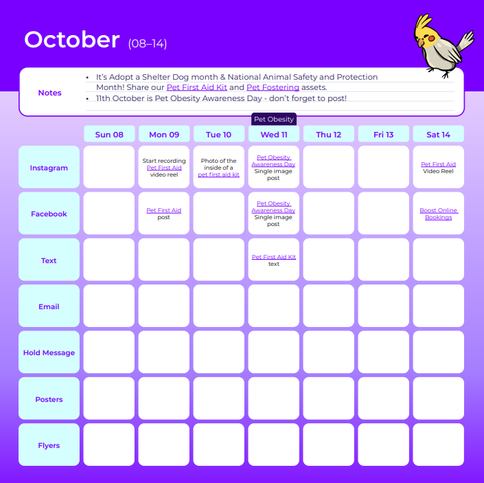 October calendar: Week 2 to help with posts and emails to educate pet owners and create effective veterinary marketing