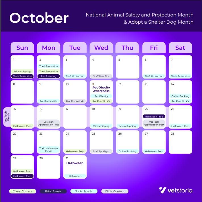 Overview of October content pack calendar to help with social posts for effective veterinary marketing
