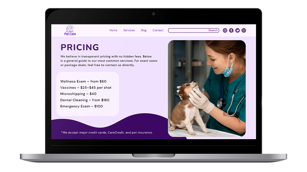 Vetstoria Websites - pricing page mockup