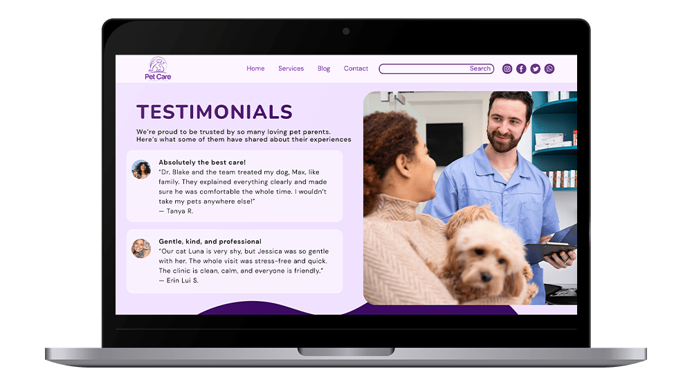 Vetstoria Websites - testimonials page mockup