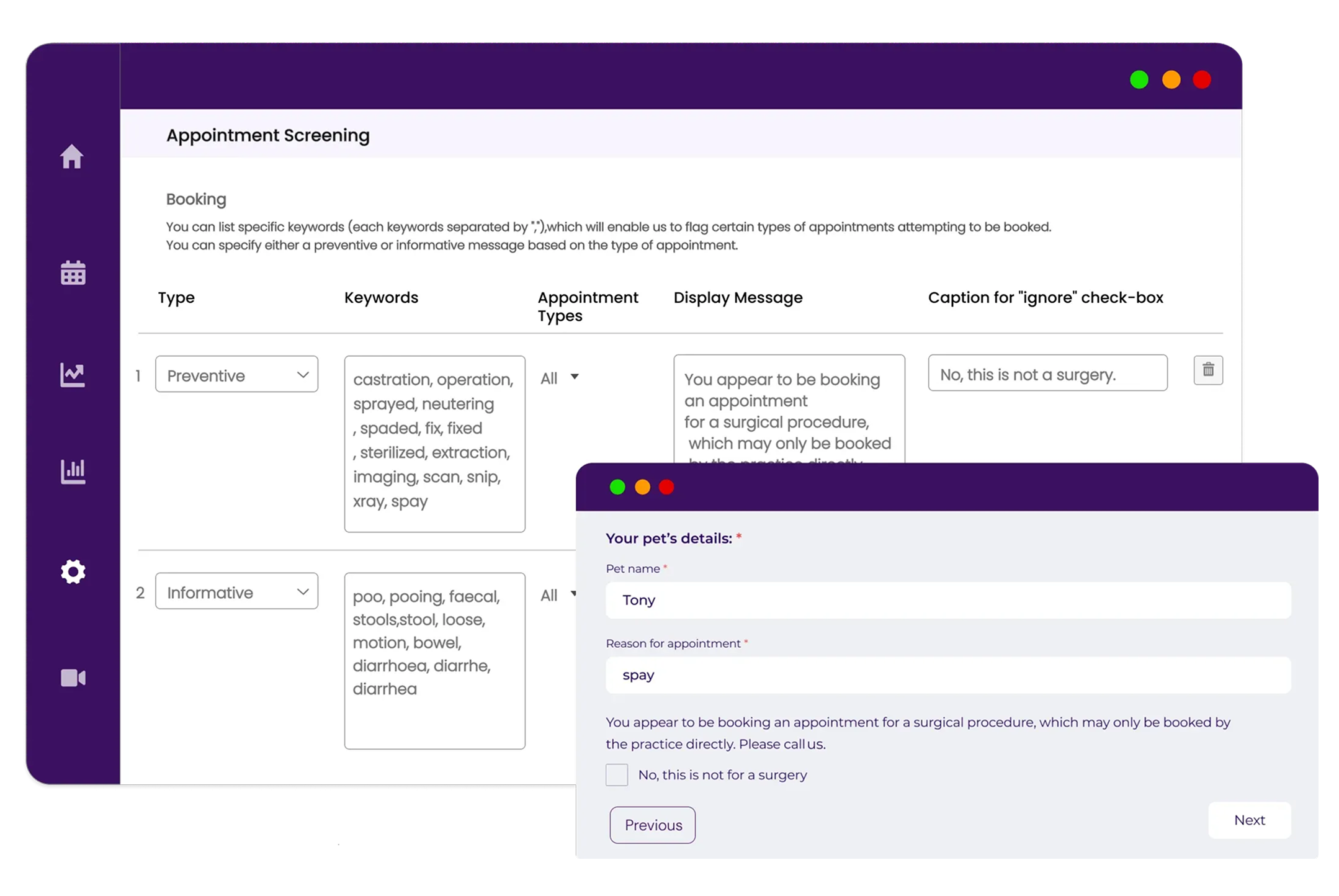 Vetstoria online booking customisations - appointment screening