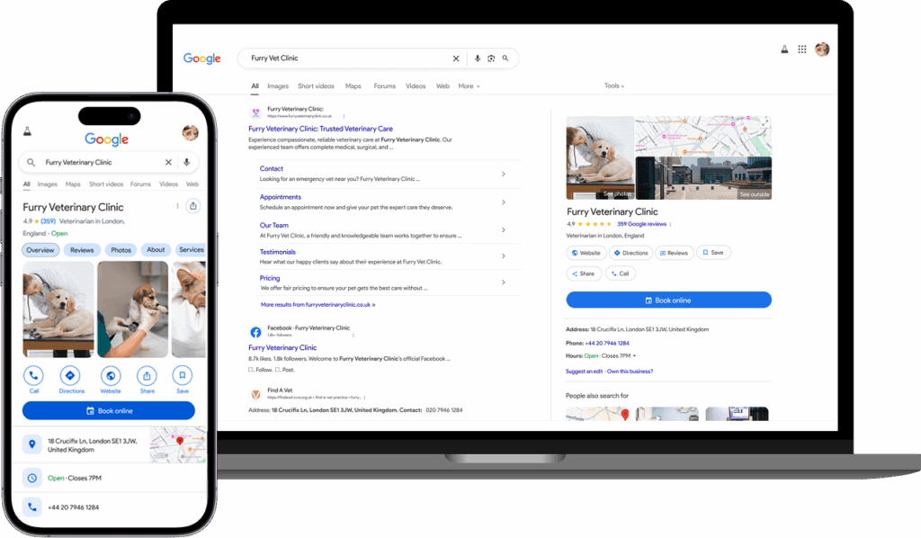 Vetstoria - Reserve with Google integration - Desktop and Mobile mockup