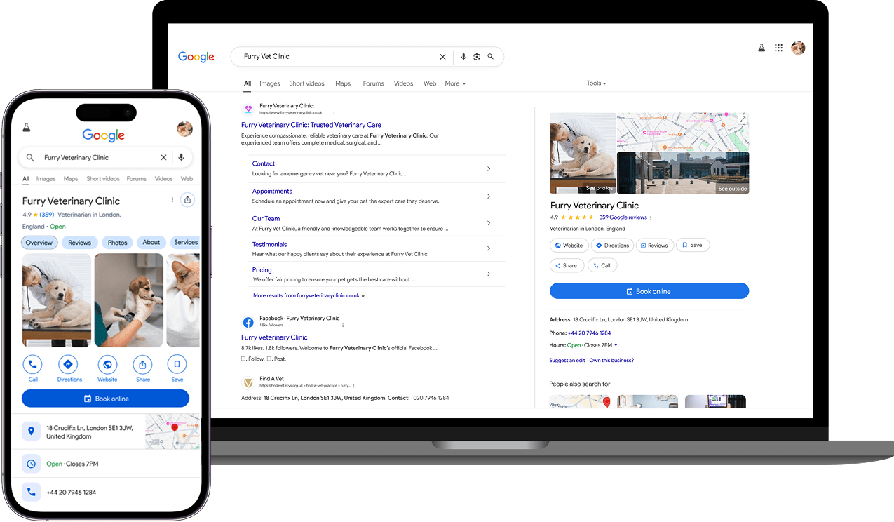 Vetstoria - Reserve with Google integration - Desktop and Mobile mockup