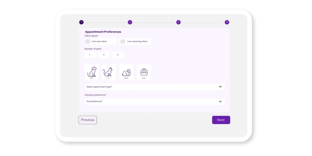 Vetstoria online booking flow - Book Appointment Page 1 (Appt Preferences)
