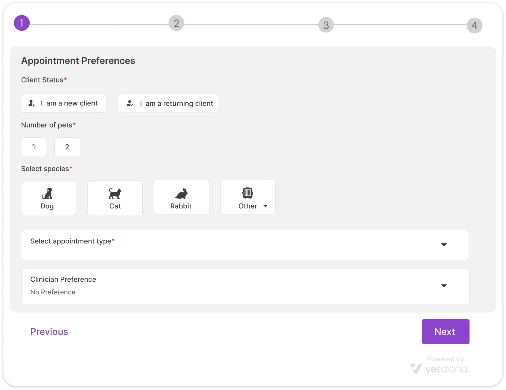 Vetstoria online booking journey (Appointment Preferences)