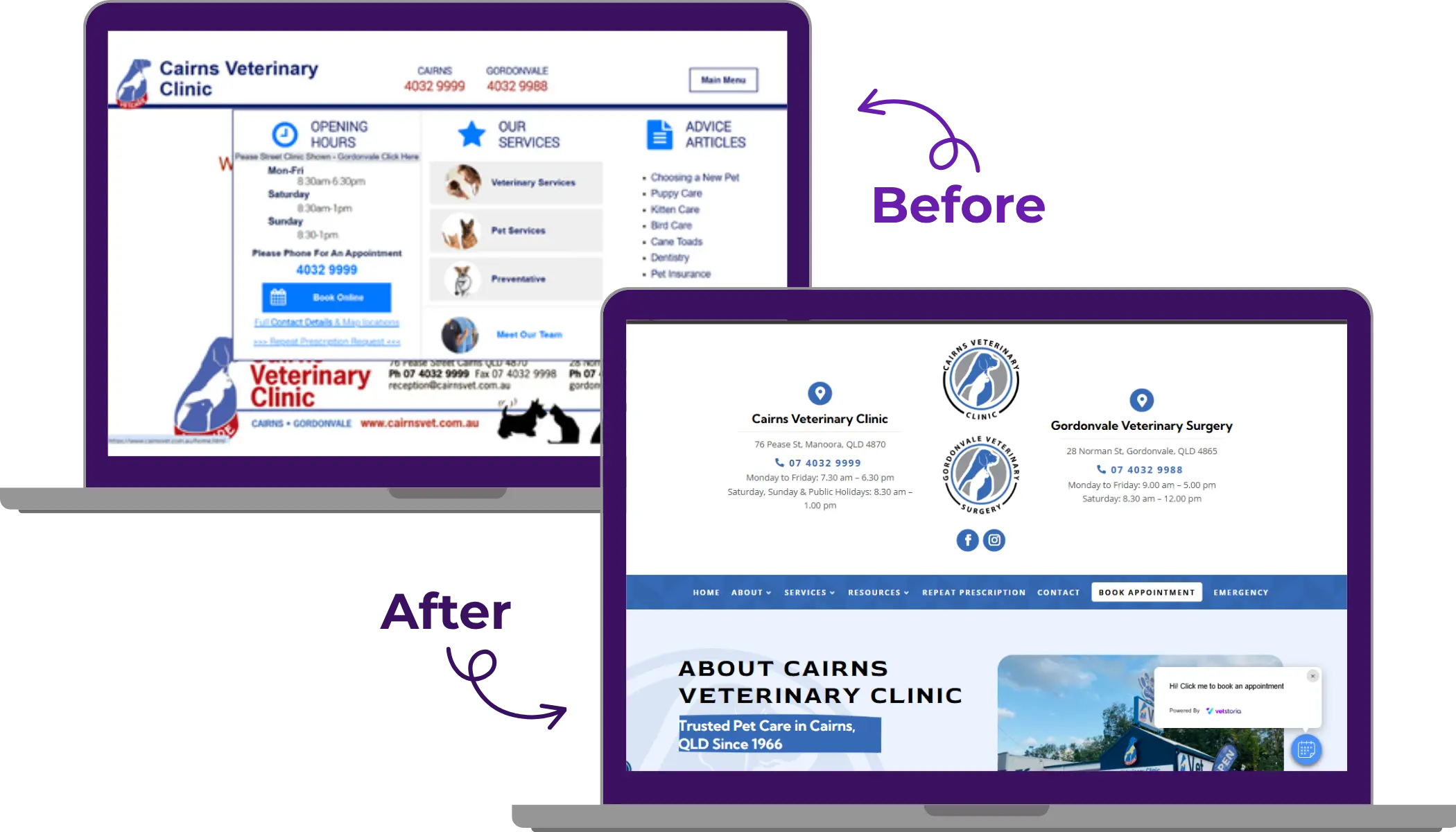 Cairns Veterinary Clinic website before and after - case study for Vetstoria Online booking and websites